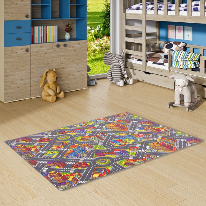 Kinder Spiel Teppich Straßenteppich 3D Big City Grau