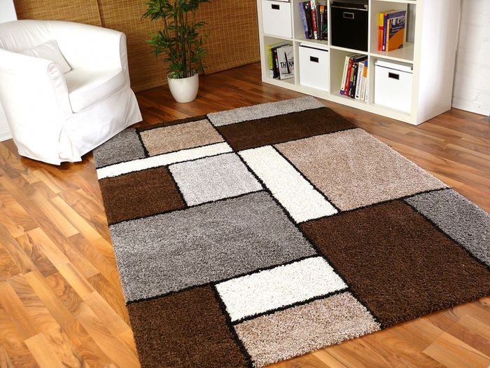 Hochflor Shaggy Designerteppich Rainbow Braun Modern Karo
