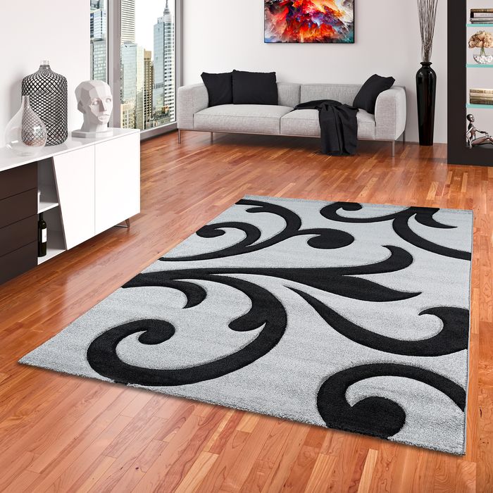 Maui - Tapis de designer - motif baroque - gris noir