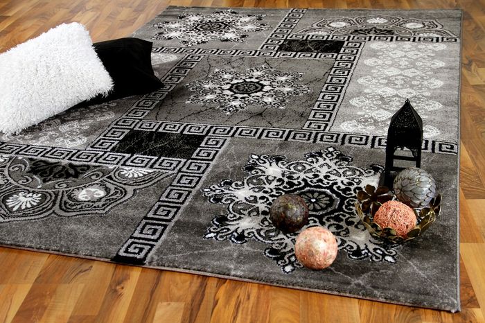 Designer Orient Teppich Zeugma Karo Grau Anthrazit