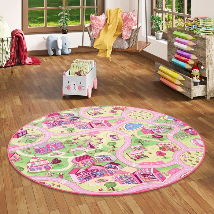 Kinder Spiel Teppich Girls Rosa Village Rund