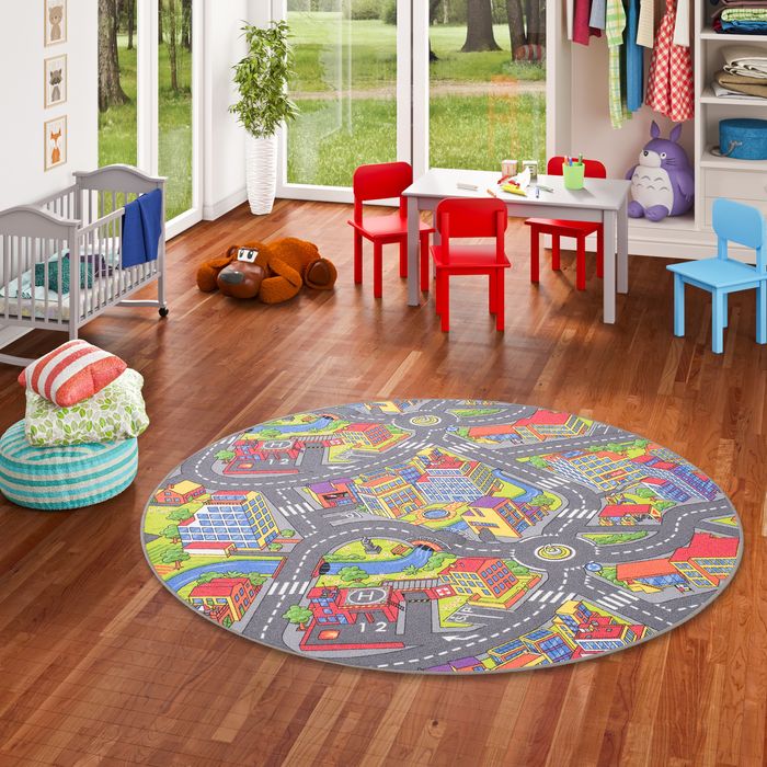 Kinder Spiel Teppich Little Town 3D Grau Rund