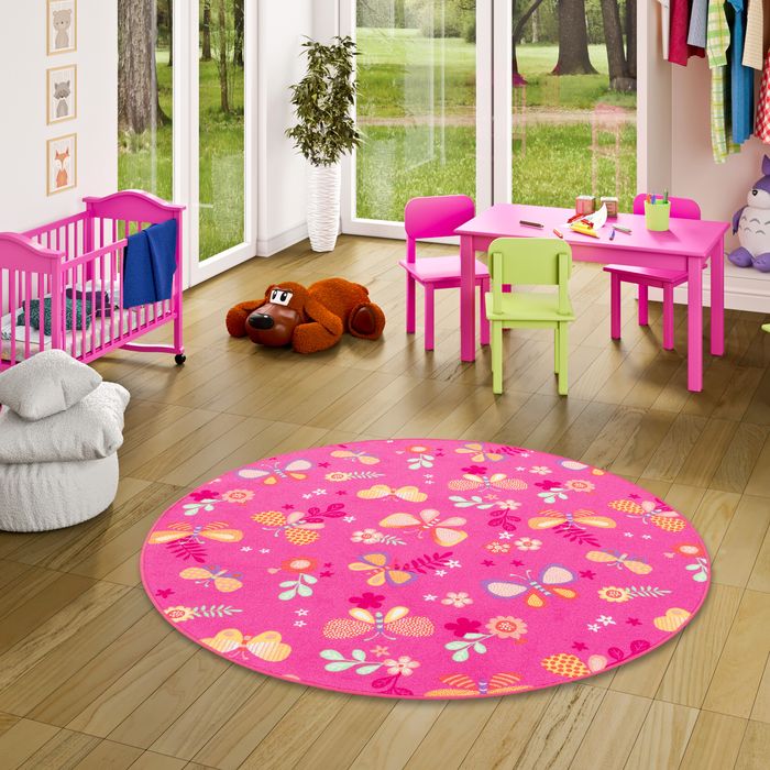 Kinder Spiel Teppich Schmetterling Pink Rund