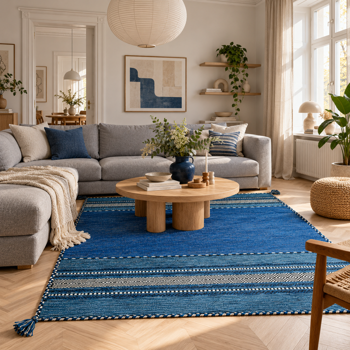 Natur Teppich Kelim Navarro Blau
