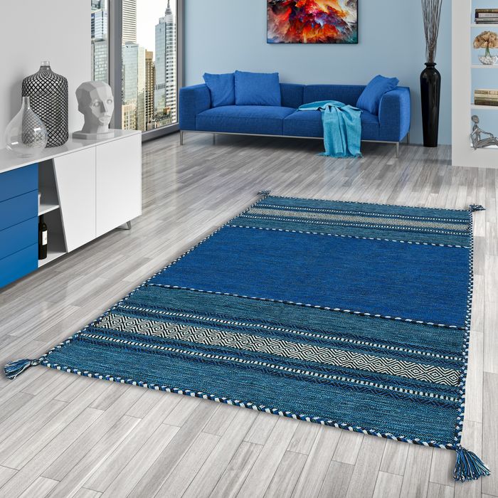 Navarro - Tapis kilim naturel - bleu