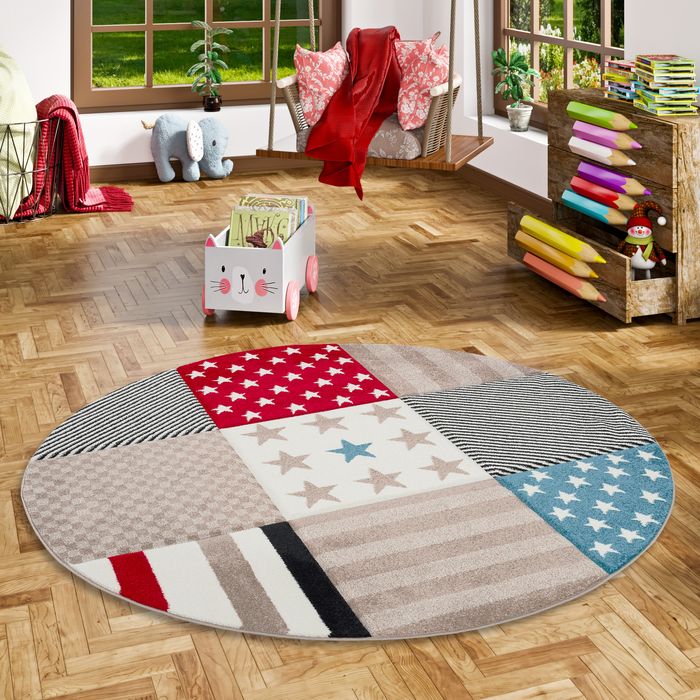 Kinder und Jugend Teppich Maui Sterne Rot Blau Rund