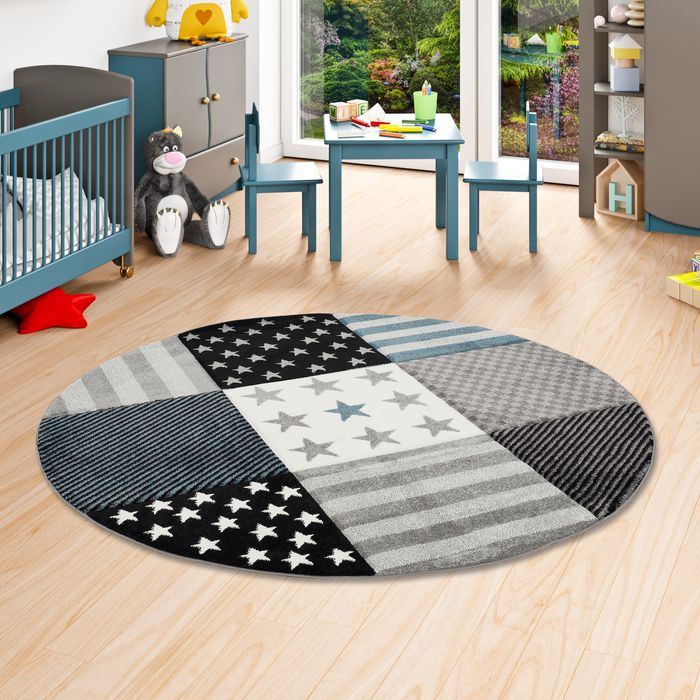 Maui Kids - Tapis pour enfant rond - motif étoiles gris turquoise