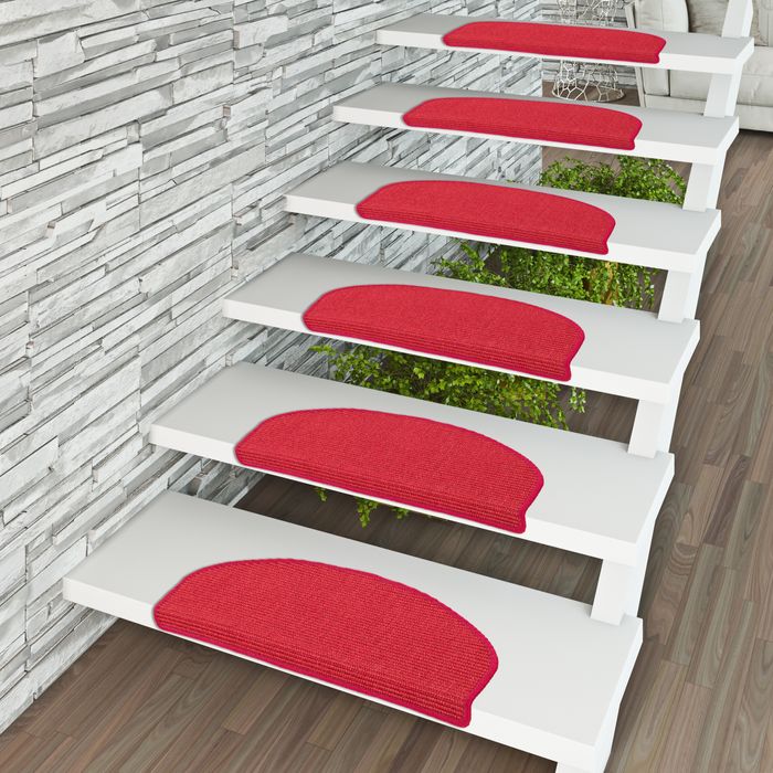 Sisal - Naturel tapis marche escalier - Rouge (semi-circulaire)