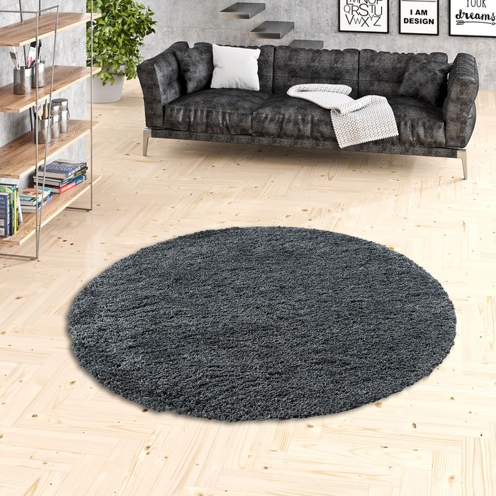 Hochflor Langflor Shaggy Teppich Luxury Anthrazit Rund
