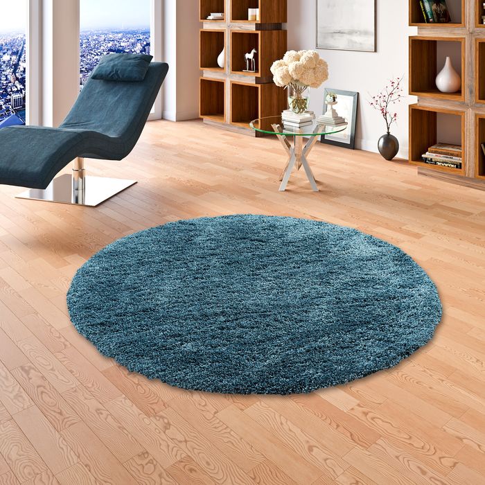 Luxury - Tapis Shaggy à poils longs ronde - Ocean Bleu