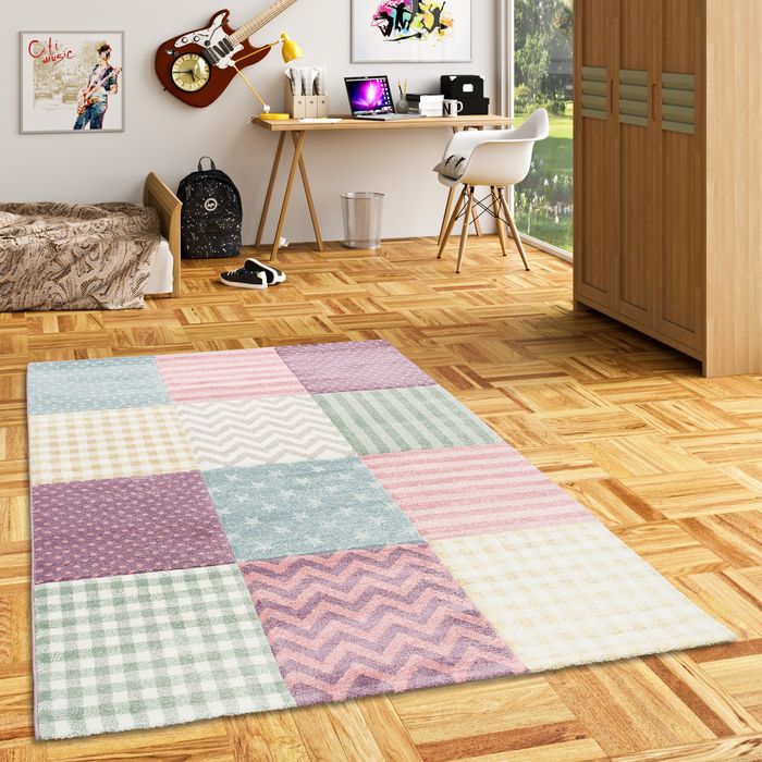 Maui Kids - Tapis pour enfant - carreaux et étoiles couleurs pastel rose