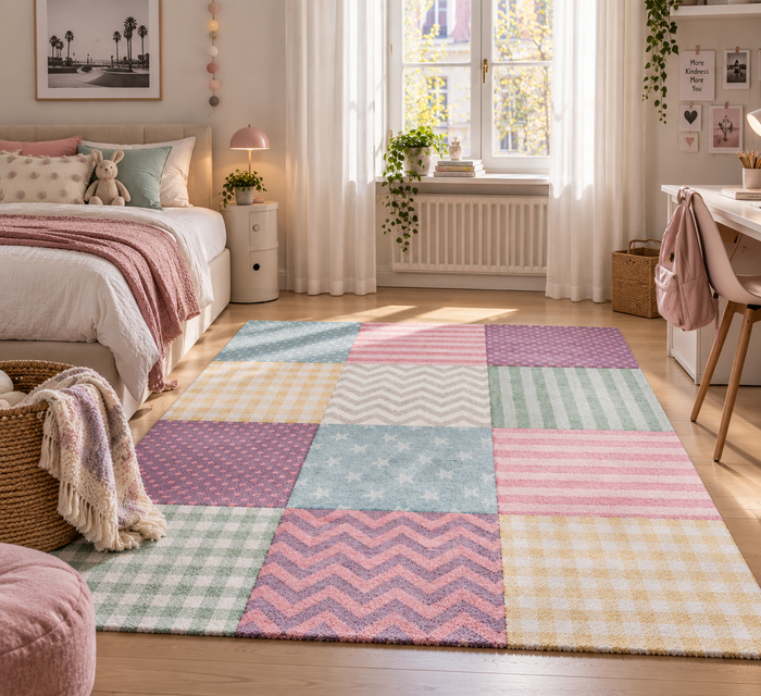 Kinder Teppich Maui Kids Pastel Bunt Karo Sterne