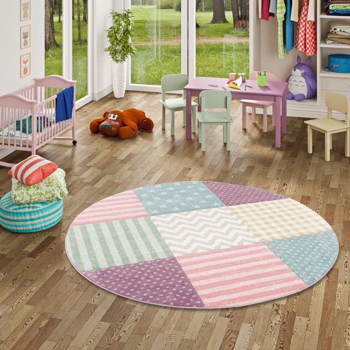 Kinder Teppich Maui Kids Pastel Bunt Karo Sterne Rund