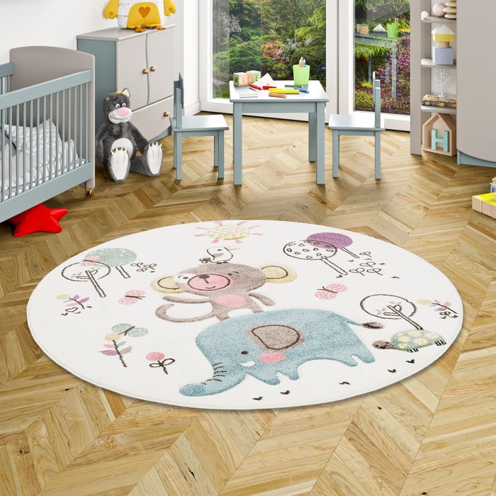 Kinder Teppich Maui Kids Lustige Tiere Creme Bunt Rund