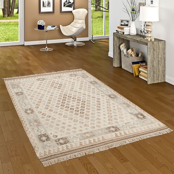 Kelim Sumak - Tapis naturel - Crème Beige Bordure