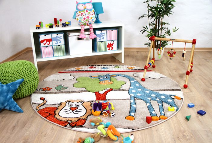 Kinder Teppich Savona Kids Lustige Zoowelt Beige Rund