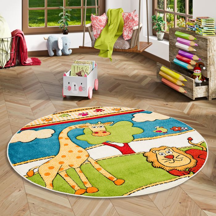 Kinder Teppich Savona Kids Lustige Zoowelt Bunt Rund