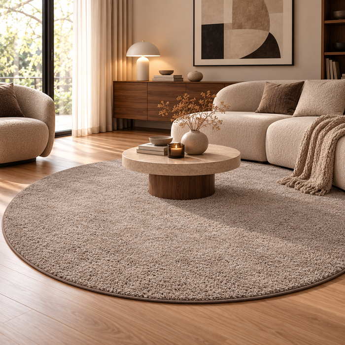 Mona - Tapis à poils longs rond - velours - taupe - 4 tailles disponibles