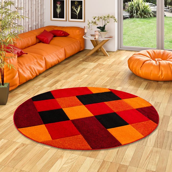 Designer Teppich Brilliant Rot Orange Karo Rund