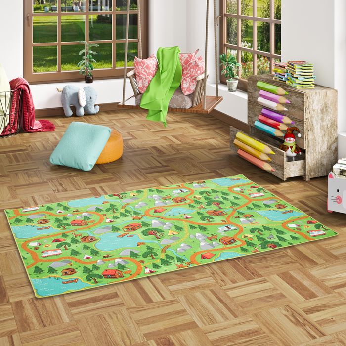 Kinder Spiel Straßenteppich Campingplatz Grün