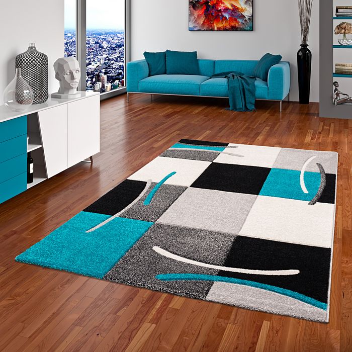 Designer Teppich Maui Schwarz Türkis Karo
