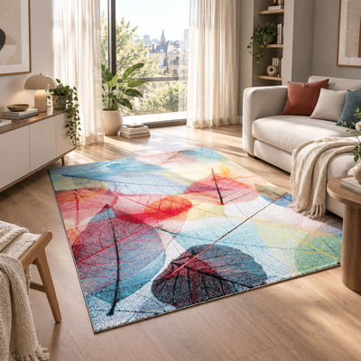 Designer Teppich Faro Bunt Blätter Modern