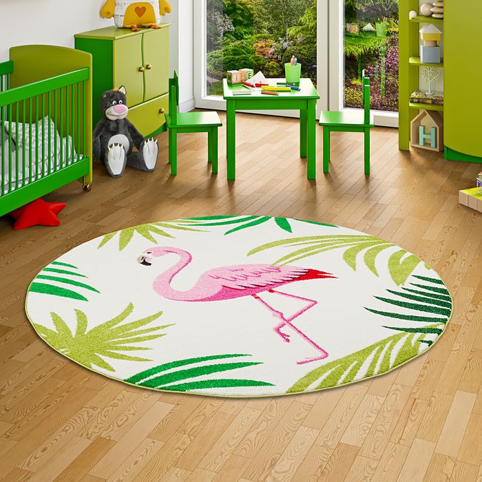 Faro - Tapis de designer rond - motif flamant rose crème