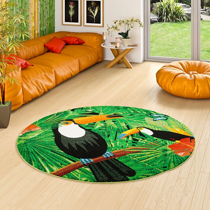 Designer Teppich Faro Tropical Tukan Grün Rund