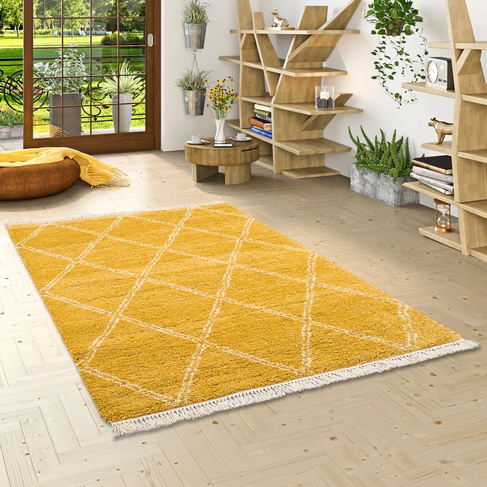 Boho - Tapis Shaggy à poils longs - motif diamant jaune curry