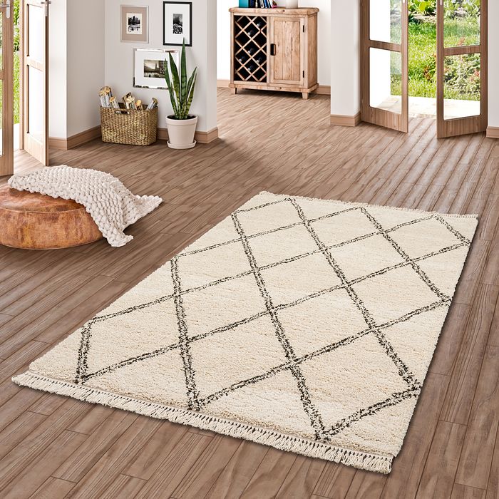 Boho - Tapis Shaggy à poils longs - motif diamant créme