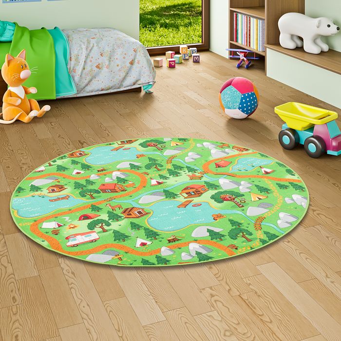 Tapis de jeu pour enfant rond - camping vert 