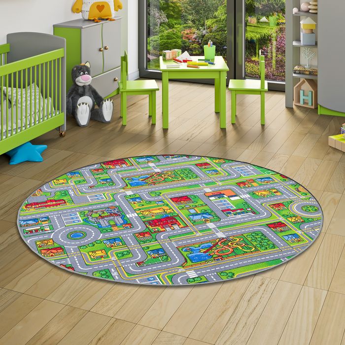 Tapis de jeu pour enfant rond - aventure motifs village couloir 