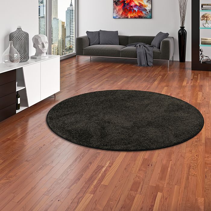 Hochflor Velours Teppich Mona Schwarz Rund