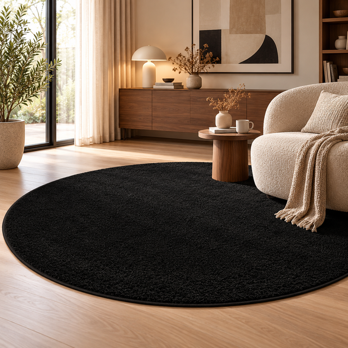 Hochflor Velours Teppich Mona Schwarz Rund