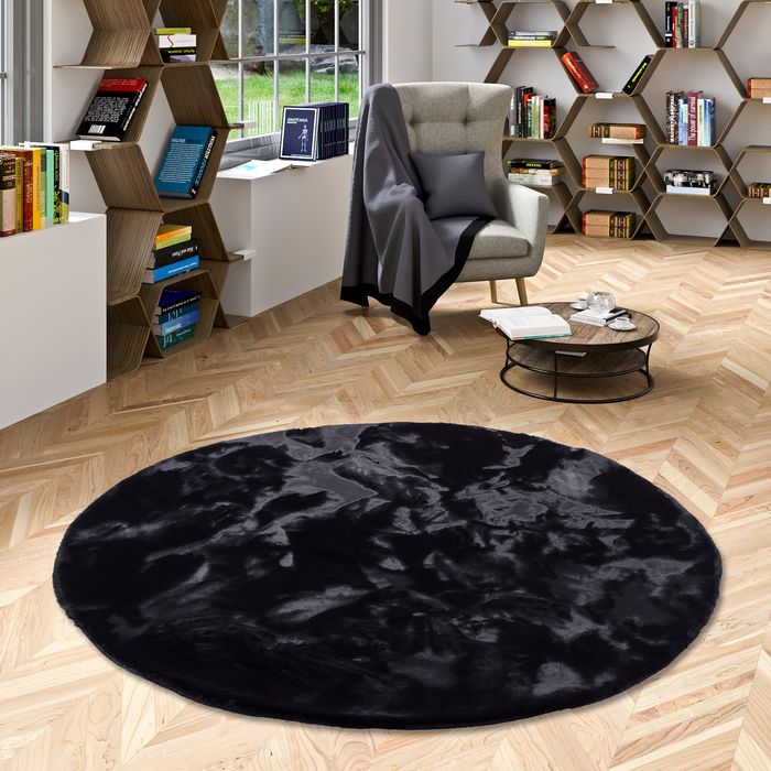 Plush - Tapis de luxe en fourrure synthétique super douce - Noir - Rond