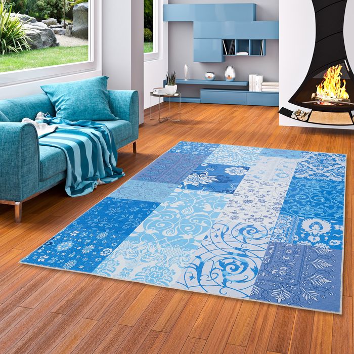 Luxus Vintage Designerteppich Patchwork Blau