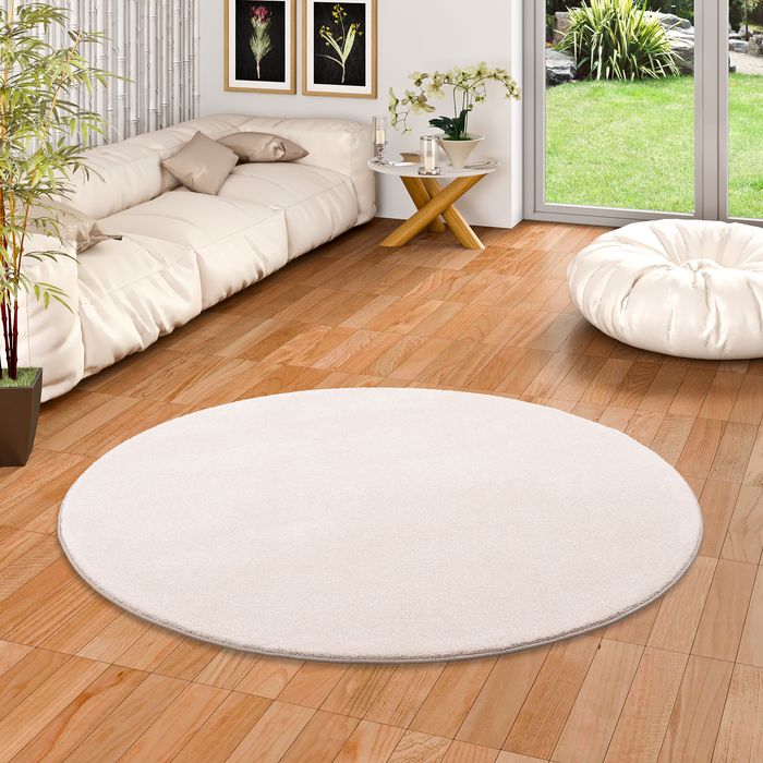 Hochflor Luxus Velours Teppich Touch Beige Rund