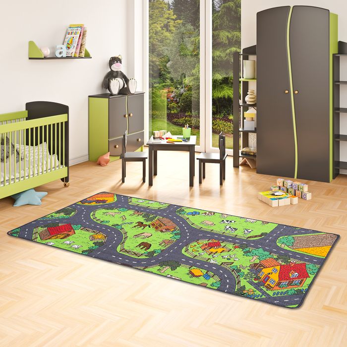 Tapis de jeu pour enfant ferme motifs village vert - 4 tailles disponibles