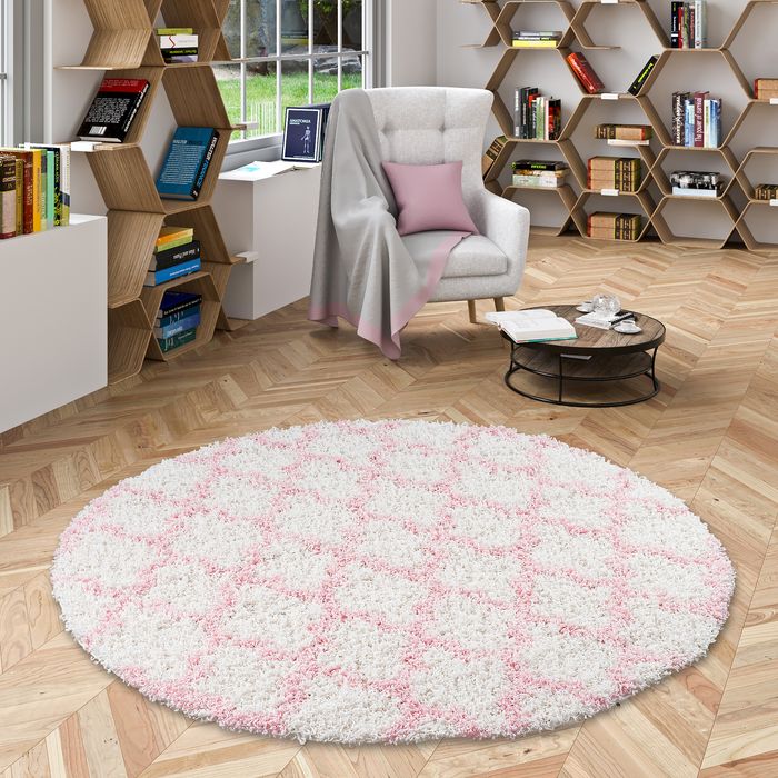 Aloha - Tapis Shaggy à poils longs rond - crème rose mix morderne