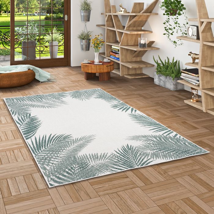 In- und Outdoor Teppich Beidseitig Flachgewebe Newport Floral Grün Blätter Bordüre