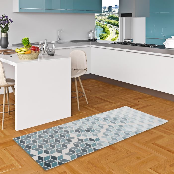 Küchenläufer Teppich Trendy Blau Grau Retro