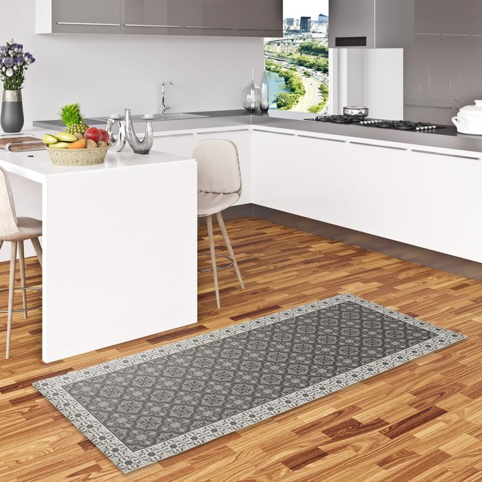 Evora - Tapis de vinyle de cuisine optique carrelage - Gris Noir