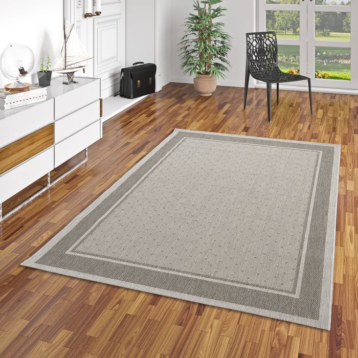 Ruggy - Tapis moderne tissé à plat naturel - carreaux bordure - beige