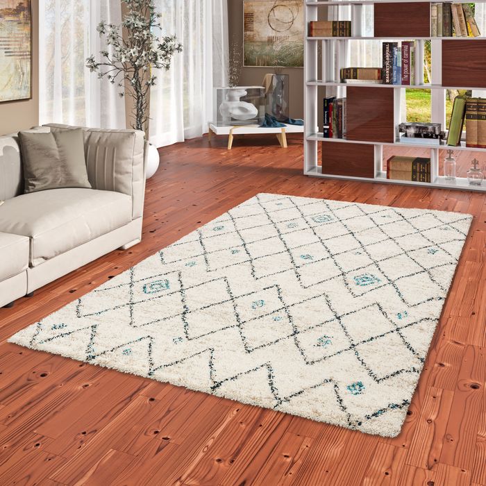 Boho - Tapis Shaggy à poils longs - Blanc cassé - Losange turquoise