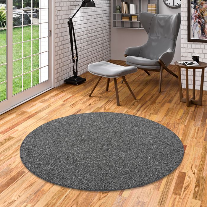 Luxus Woll-Optik Berber Teppich Juna Anthrazit Meliert Rund