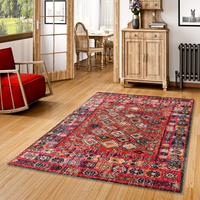 Designer Teppich Vintage Zoe Orient Modern Rot Bordüre