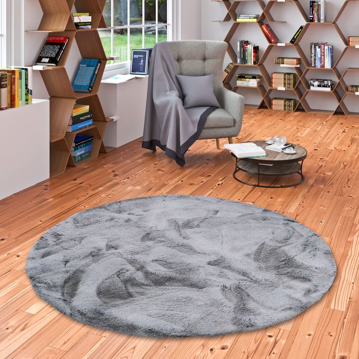 Plush - Tapis de luxe en fourrure synthétique super doux - Gris Moucheté - Rond
