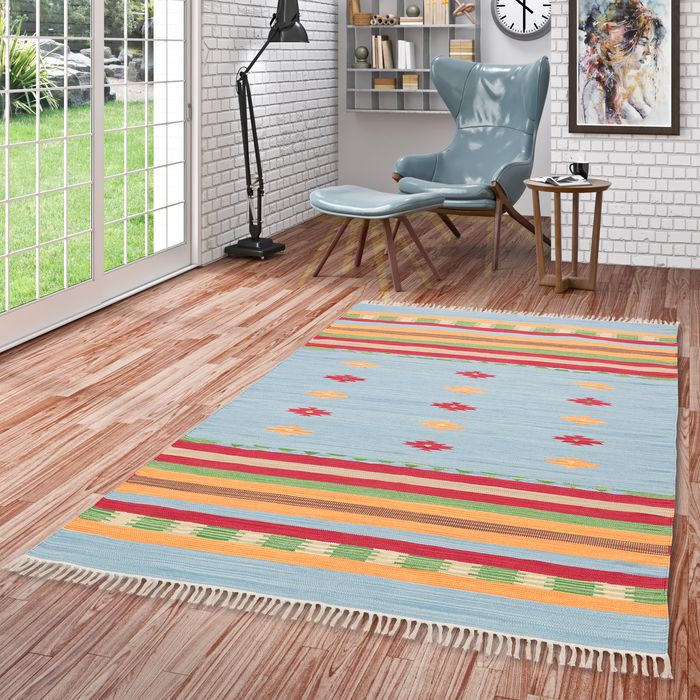 Baumwolle Natur Kelim Teppich Lina Blau Stripes