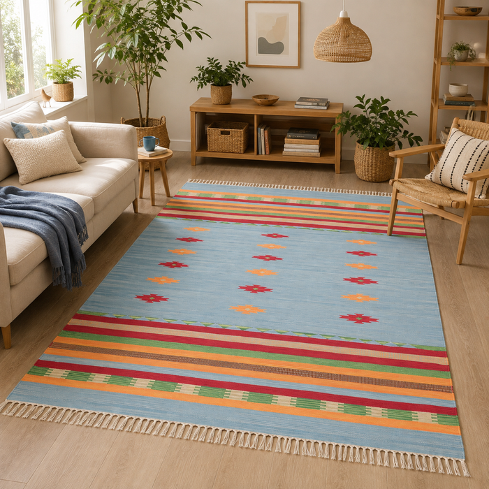 Baumwolle Natur Kelim Teppich Lina Blau Stripes