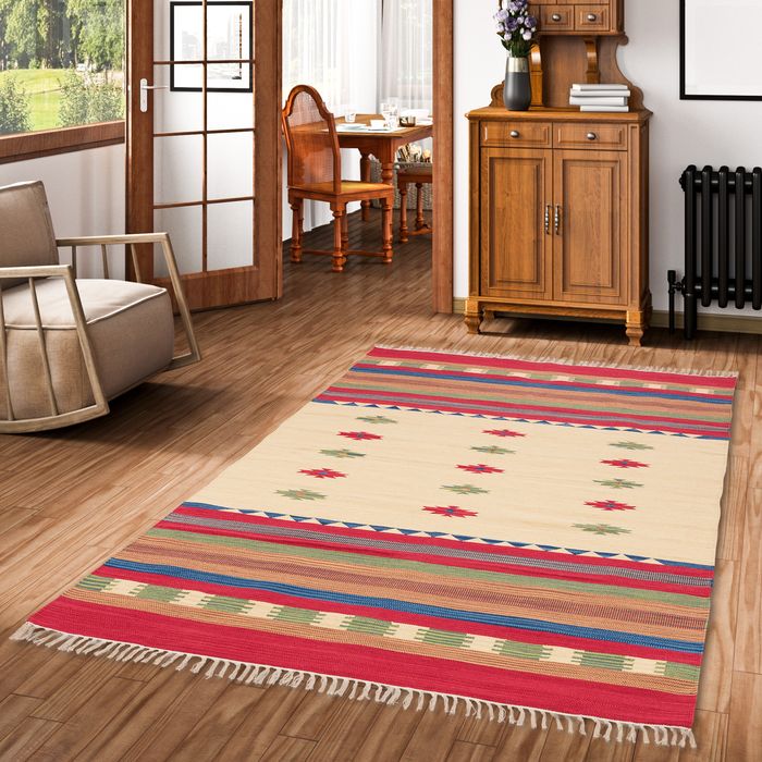 Baumwolle Natur Kelim Teppich Lina Rot Trend